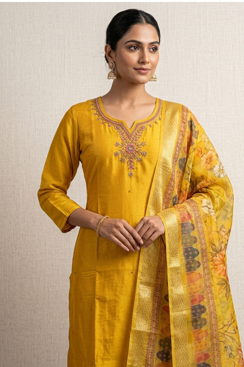 Women Embroidered Yellow Silk Kurta with Trousers & Dupatta