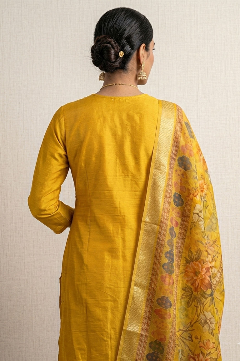 Women Embroidered Yellow Silk Kurta with Trousers & Dupatta