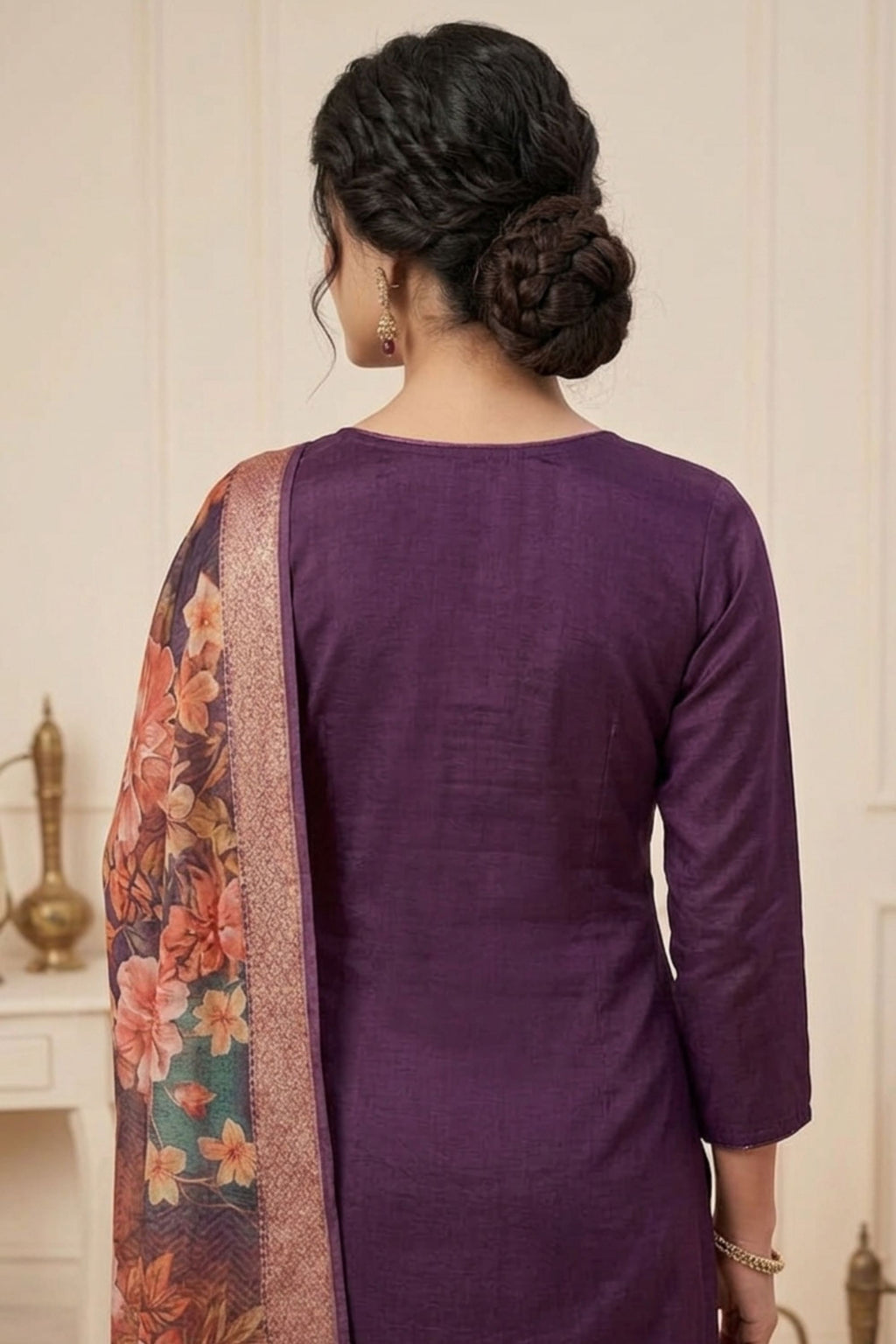 Women Embroidered Purple Silk Kurta with Trousers & Dupatta