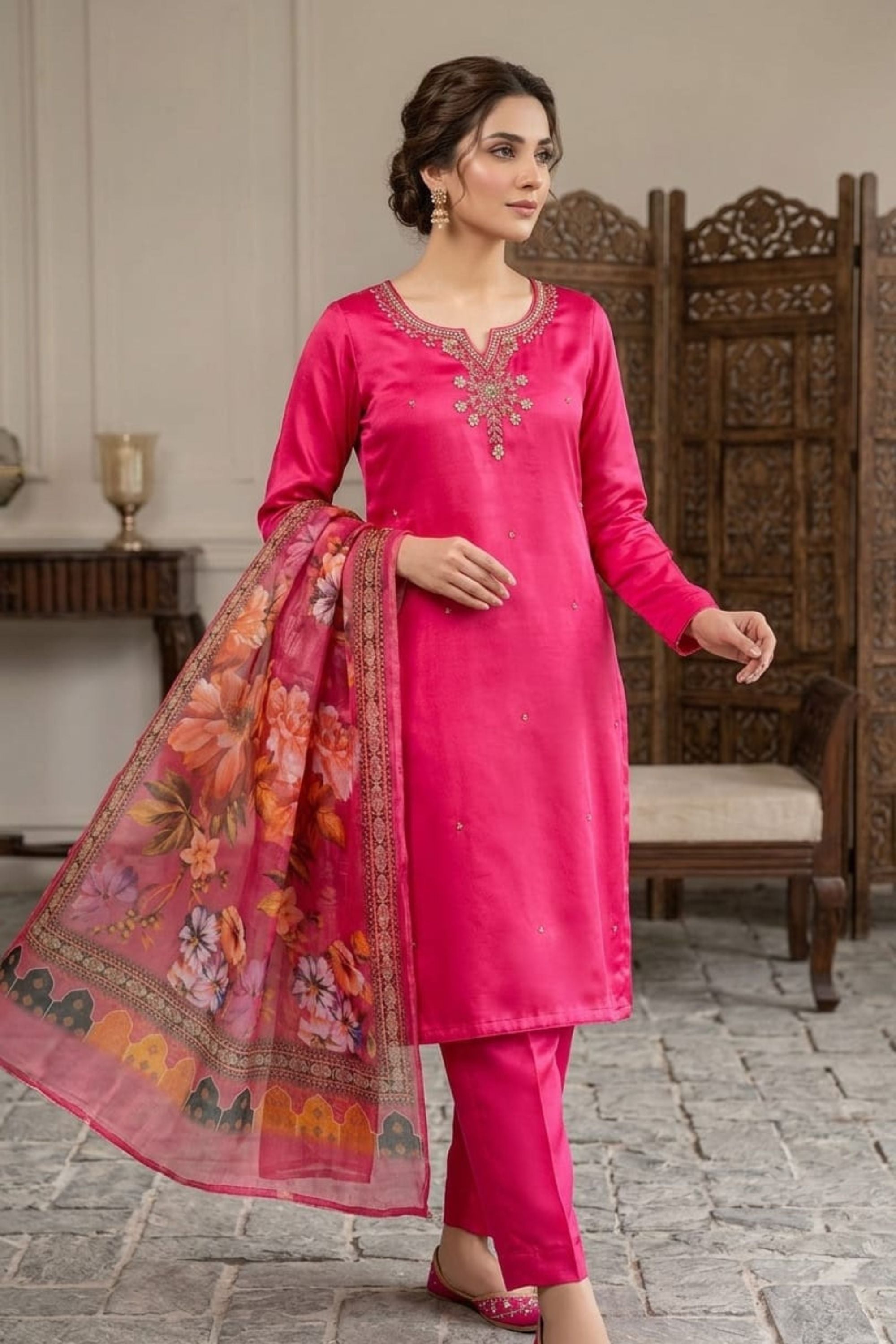 Women Embroidered Pink Silk Kurta with Trousers & Dupatta
