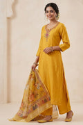 Women Embroidered Yellow Silk Kurta with Trousers & Dupatta