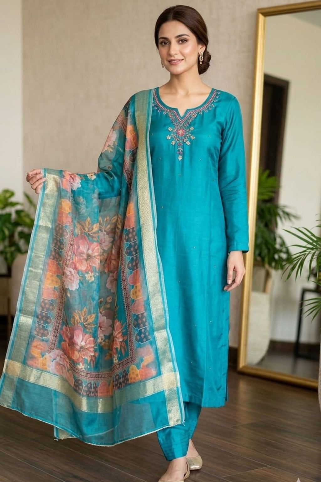 Women Embroidered Green Silk Kurta with Trousers & Dupatta