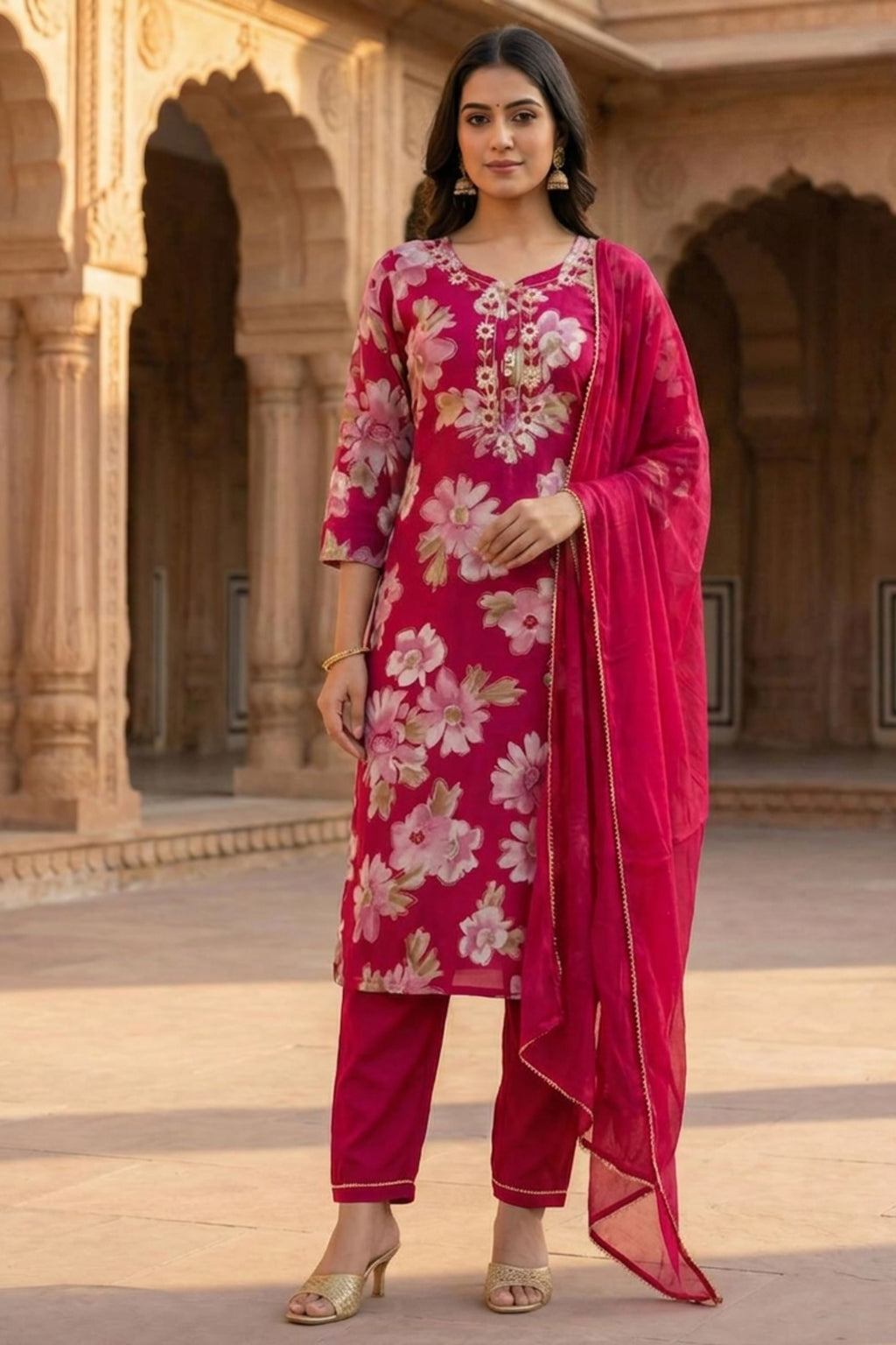 100% Pure Cotton Straight Kurti Set - Handwork