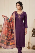 Women Embroidered Purple Silk Kurta with Trousers & Dupatta