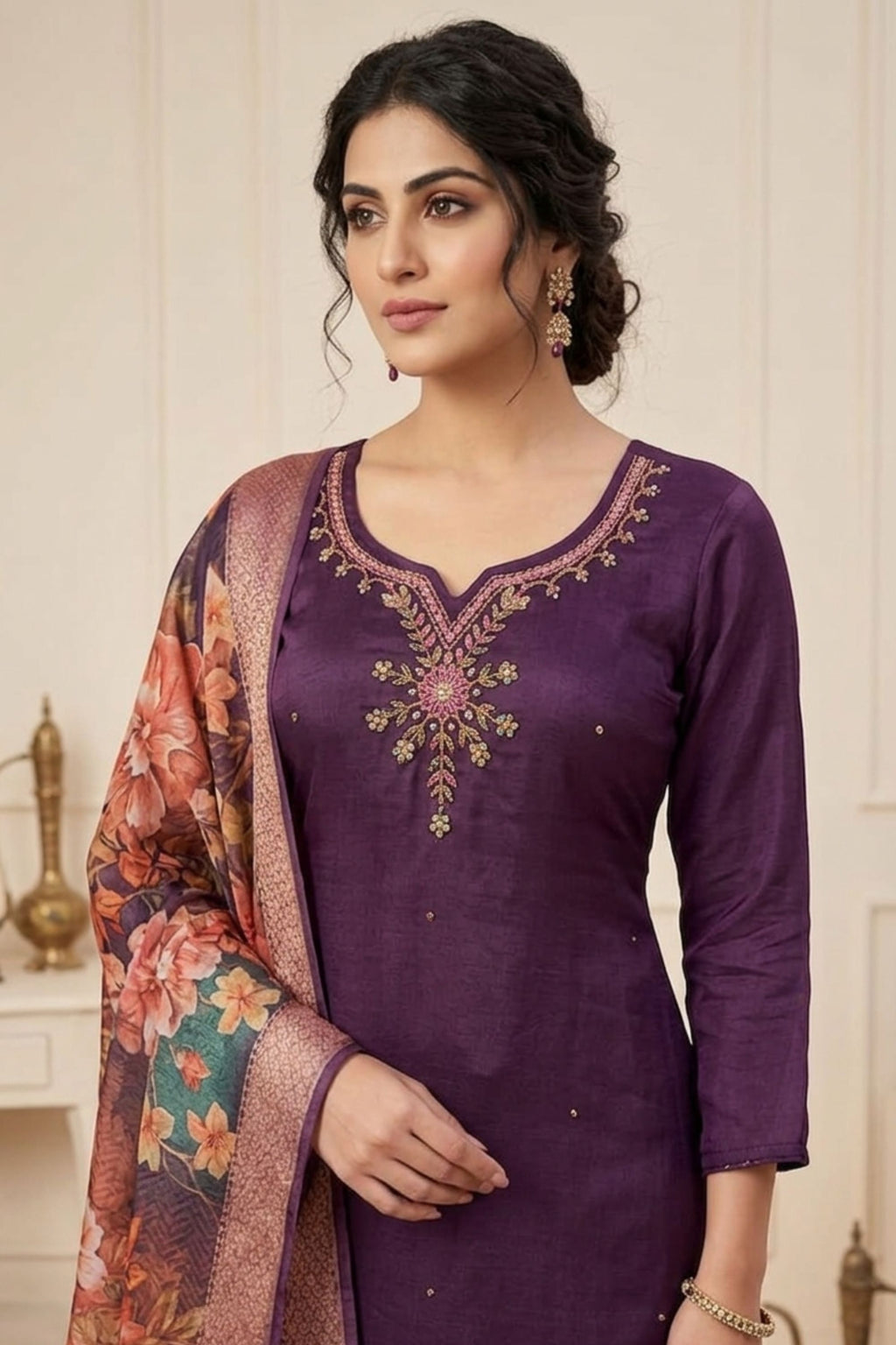 Women Embroidered Purple Silk Kurta with Trousers & Dupatta
