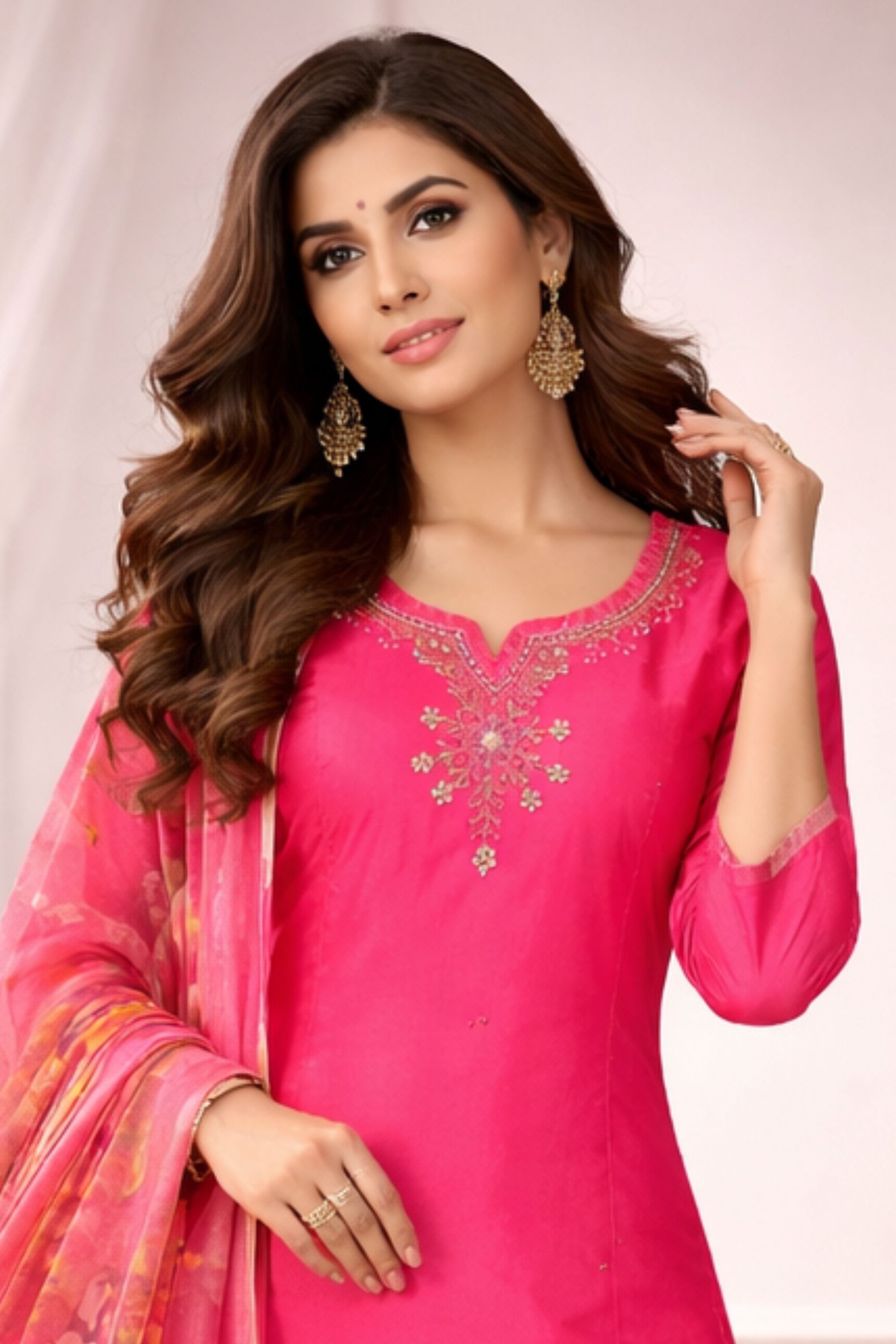 Women Embroidered Pink Silk Kurta with Trousers & Dupatta