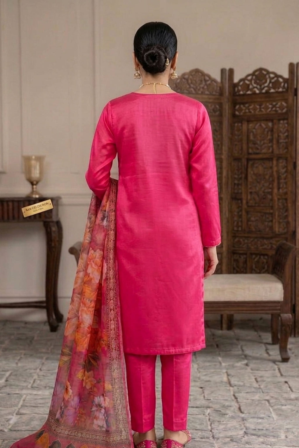 Women Embroidered Pink Silk Kurta with Trousers & Dupatta