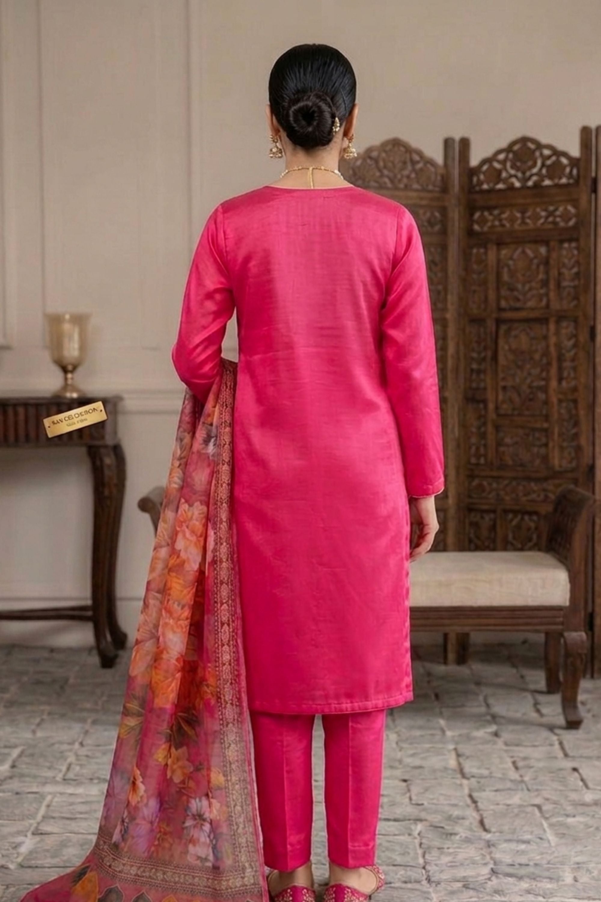 Women Embroidered Pink Silk Kurta with Trousers & Dupatta
