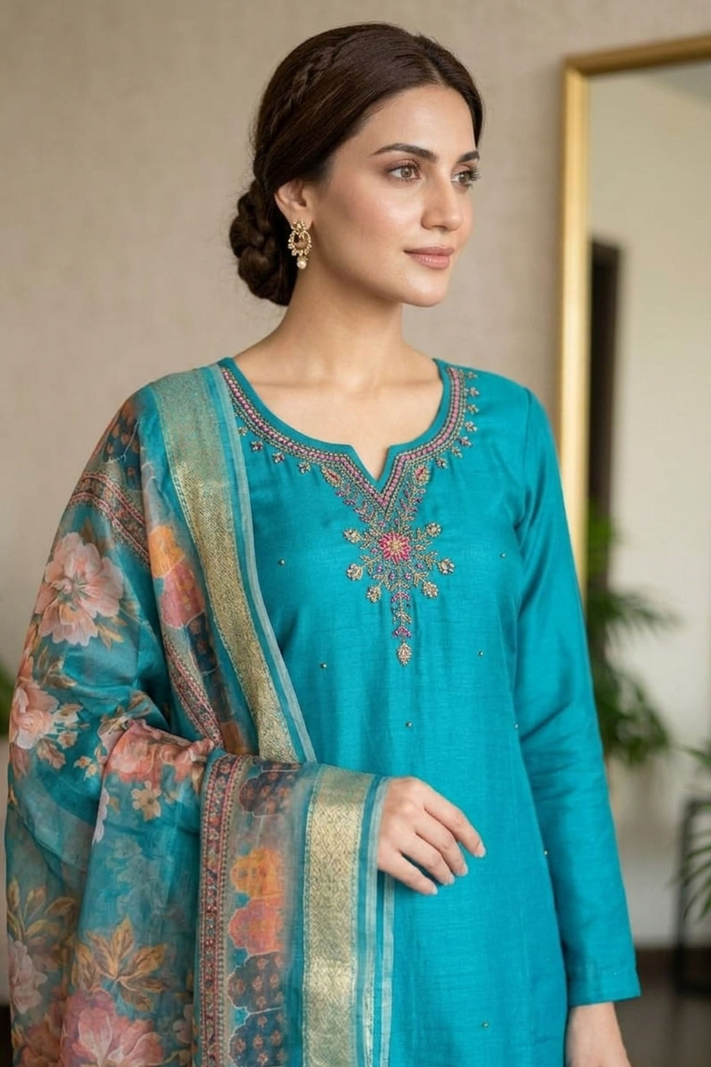 Women Embroidered Green Silk Kurta with Trousers & Dupatta