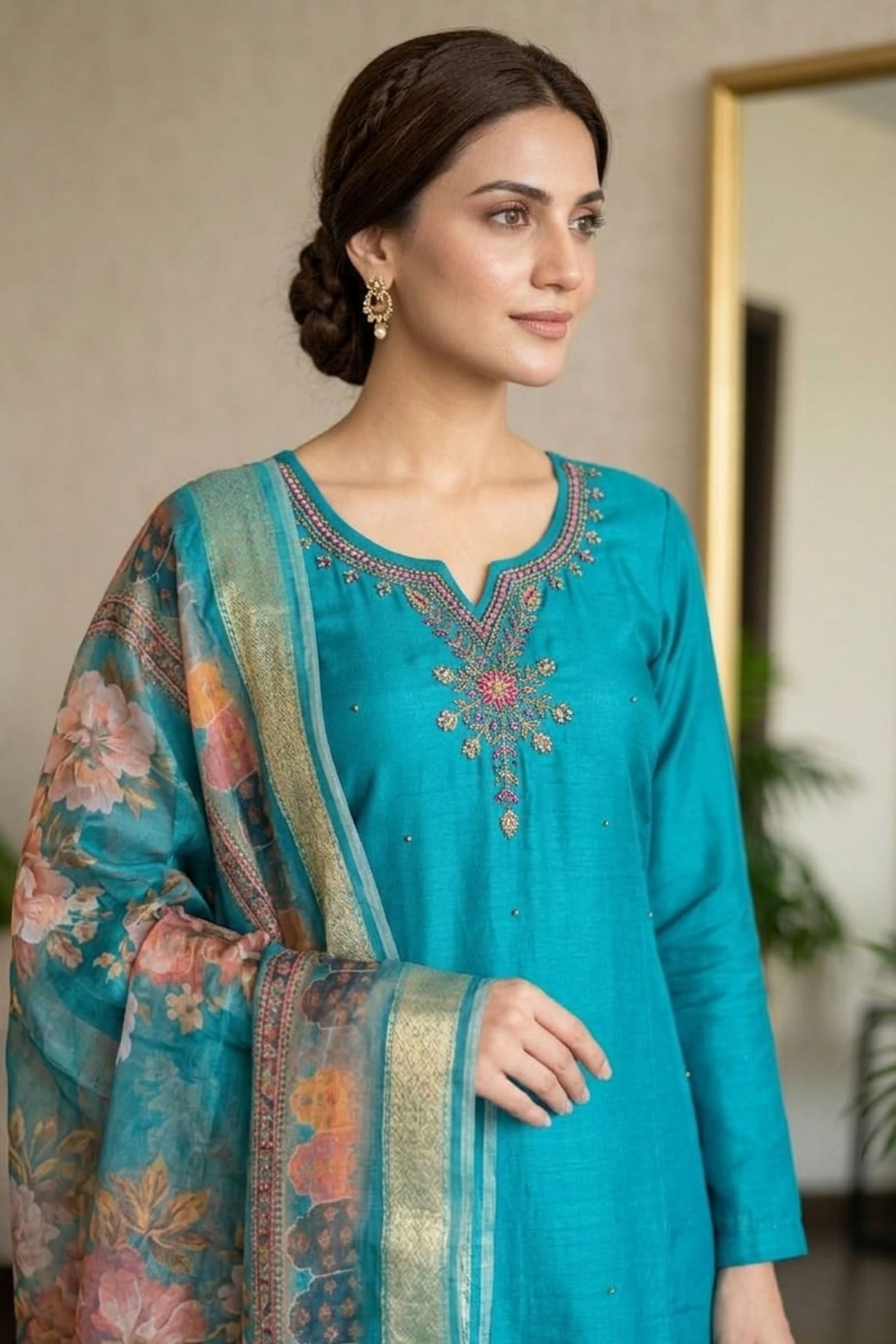 Women Embroidered Green Silk Kurta with Trousers & Dupatta
